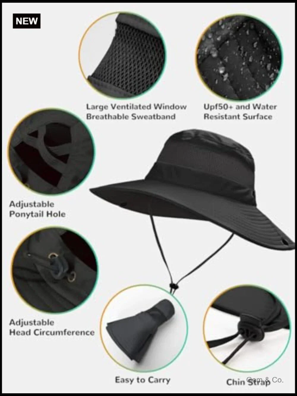 Bucket Hat with Ponytail Hole UPF 50+ Waterproof Fishing Safari Hiking Hat